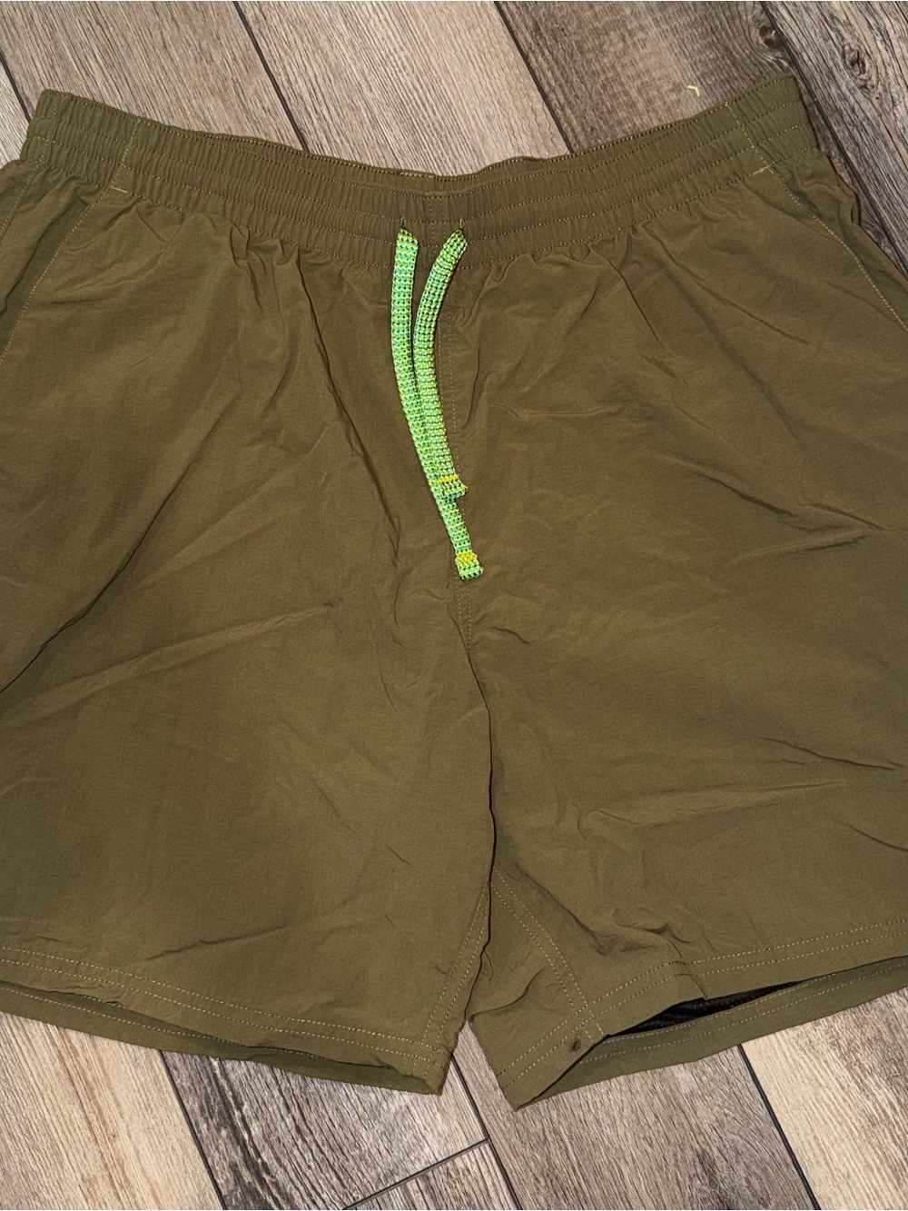 Nike Olive Green Athletic Shorts with Neon Green Drawstring - 7” Inseam